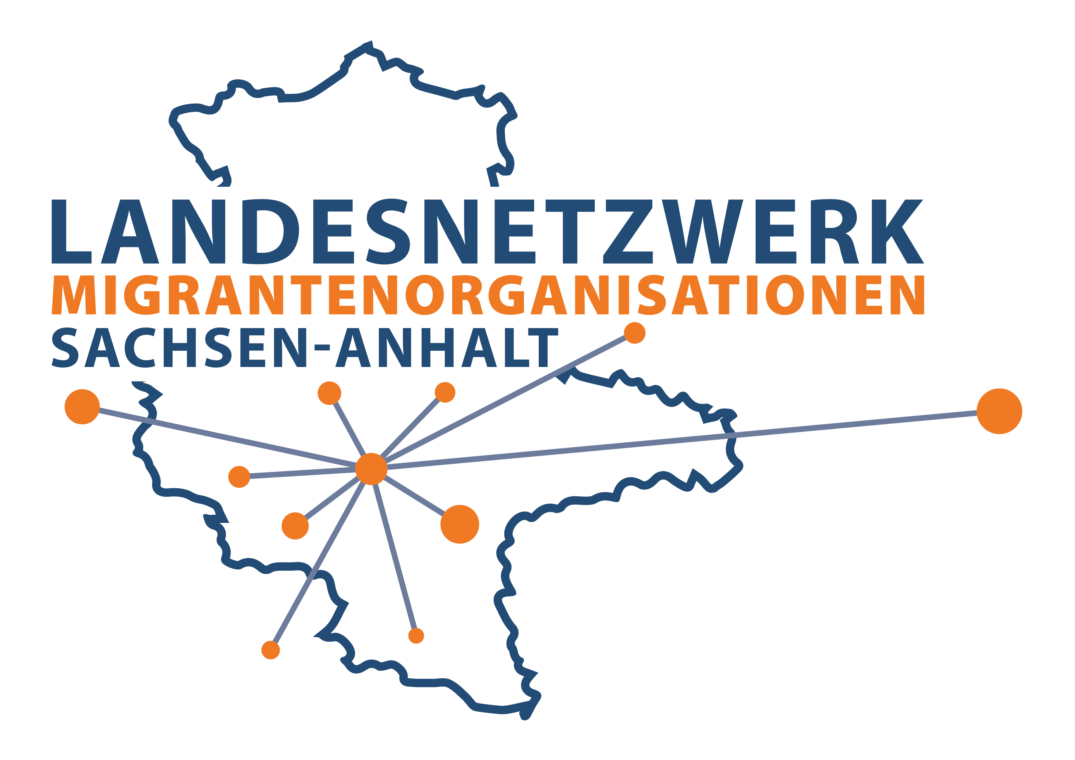 Logo des Landesnetzwerk Migrantenorganisationen in Sachsen-Anhalt: Kartenumriss von Sachsen-Anhalt mit Schriftzug.