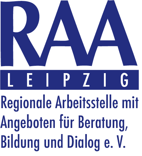 Logo RAA Leipzig e.V. mit dem Schriftzug "Regionale Arbeitsstelle mit Angeboten für Beratung, Bildung und Dialog e.V."